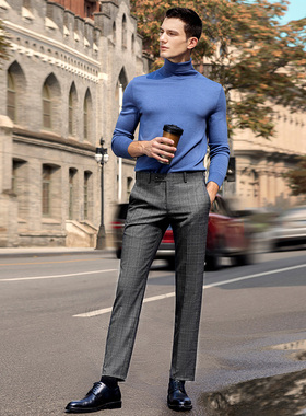 威可多男士西服裤商务正装灰色格纹羊毛混纺直筒装西裤