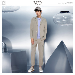 断码 饰仿针织西便服舒适百搭外套 清仓 口装 VGO休闲西服男卡其色袖