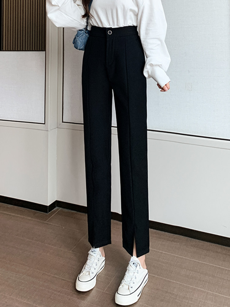 黑色前开叉西装裤垂感高腰早春装2024春季新款女直筒开衩九分裤子