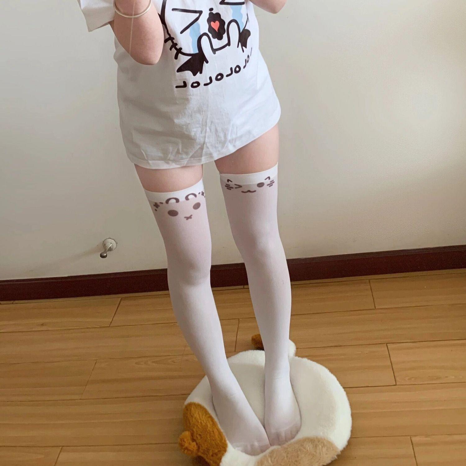 原创日系颜文字可爱印花亚文化过膝袜纯欲二次元表情长高筒白丝袜