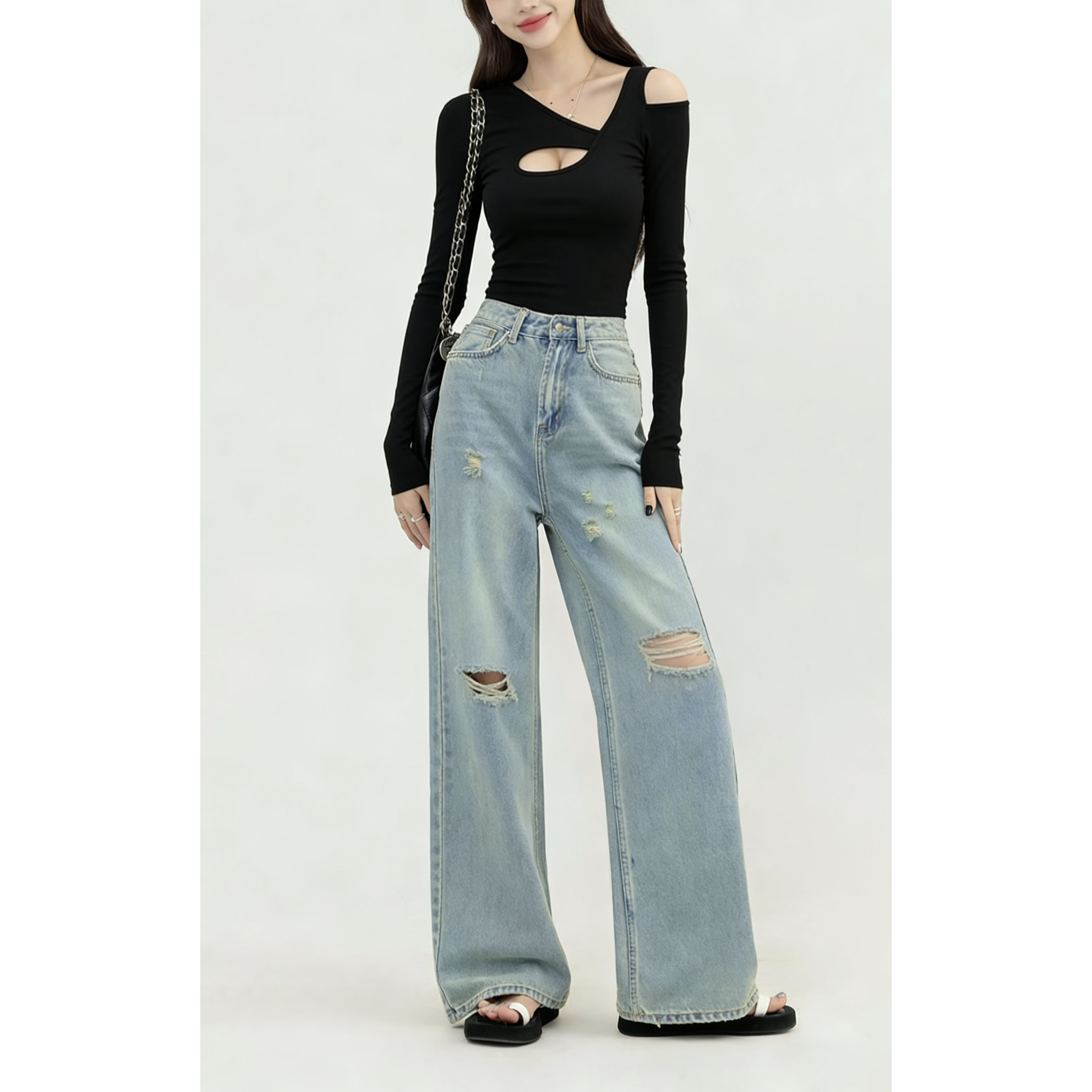 漏肩弹力低胸不对称修身风t恤