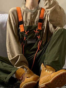 INS街头国潮牌复古美式绑带阔腿背带裤男宽松休闲工装直筒吊带裤