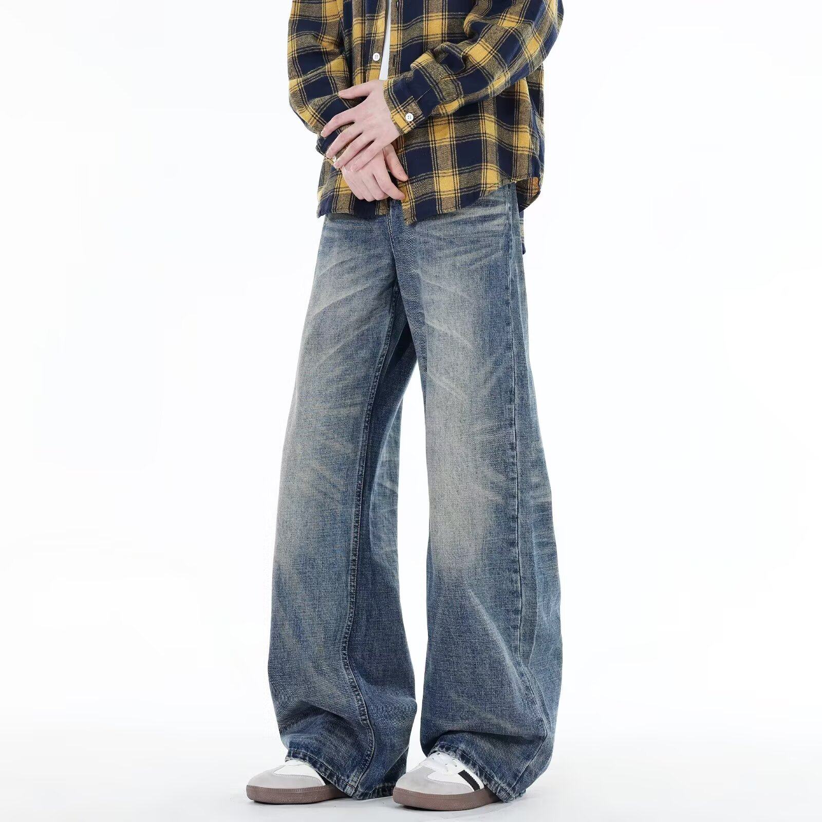 美式复古水洗牛仔裤男宽松垂感阔腿长裤子高街微喇休闲蓝色弯刀裤,男装,牛仔裤,淘宝优惠券,粉丝福利购,淘宝优惠卷