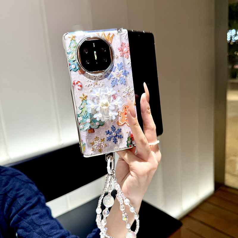 圣诞创意油画适用华为matex7手机壳折叠屏电镀新款matax6典藏版外壳metex5套中轴保护高端皮纹metax3支架女款