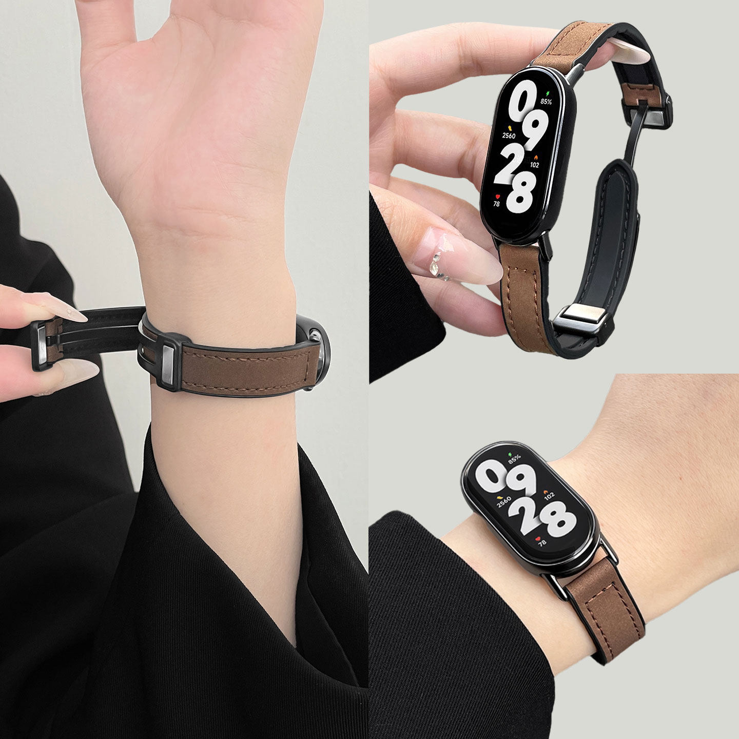 适用小米手环10表带疯马皮9nfc版表链小米手环9pro手表带折叠磁吸8pro智能运动替换腕带女士柔软透气十代