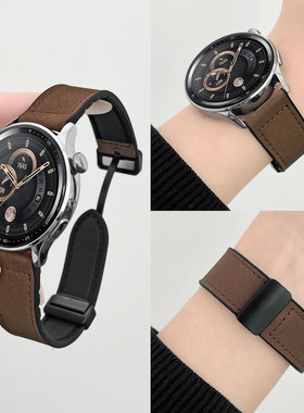 适用小米watchs5表带疯马皮磁吸小米手表s4专用新款watchs3智能运动手表链color2真皮腕表带高级感男款高端