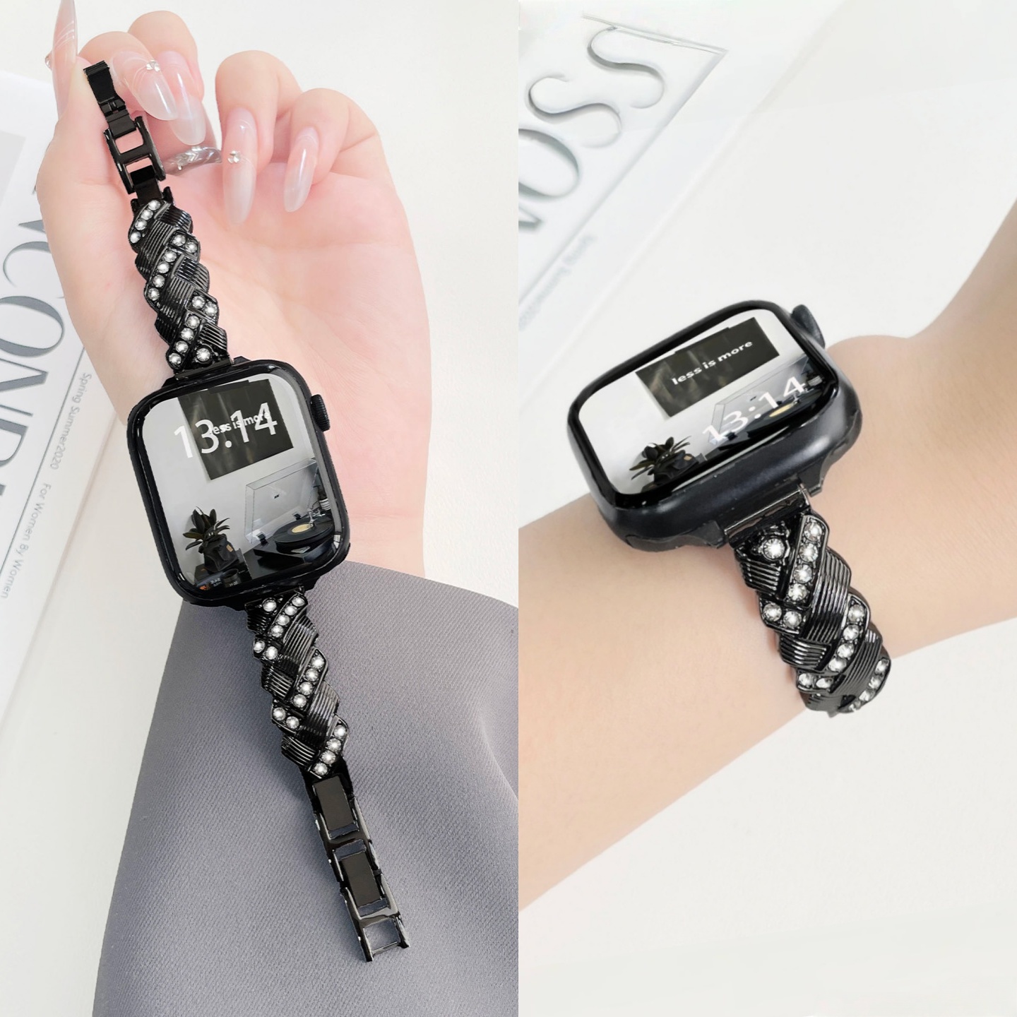 适用applewatch10表带苹果S9手表iwatch9金属闪钻手镯S8女款S7新款夏天S6智能SE高级运动时尚小众创意ultra2