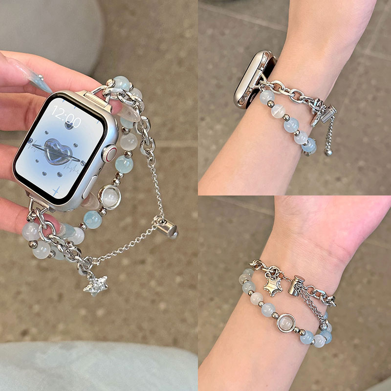 psnld适用苹果s9表带apple Watchs8/7/5表带金属小香风猫眼石双链女士苹果手表se/ultra创意高级感串珠手链