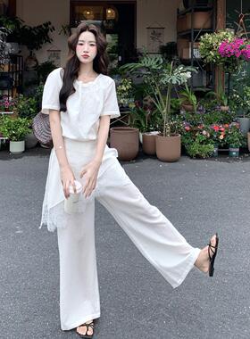 白套色休闲风一整搭套穿女夏新款2B169A-2圆领季短袖上衣屁帘阔腿