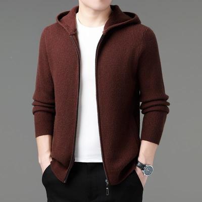 冬秋季羊绒衫青中年男连士帽开毛衣外套加衫厚款保暖羊毛24H-5818