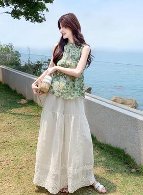 衣绿色复古印无袖上丝刺绣裙c196-69裤蕾两件套女夏独花特绝美小