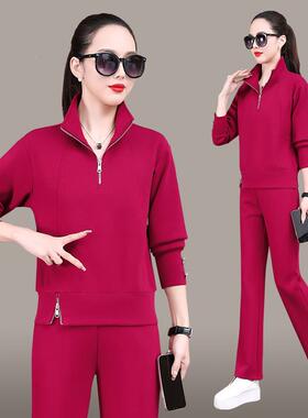 运动套装女秋季款时尚76292宽休松女大码品牌士立领卫衣新闲两件