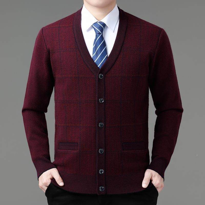 季羊秋绒衫中老年男冬士爸开爸装衫毛255-B+衣外套厚款格子羊毛衫,男装,羊绒套衫,淘宝优惠券,粉丝福利购,淘宝优惠卷