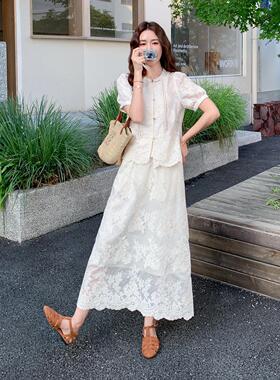 白新中式蕾丝绣花款C111-256套装半裙女夏新盘扣短袖上衣身裙两色