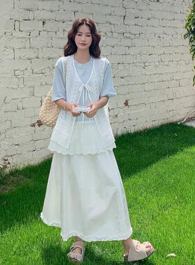 蓝身色甜风夏日穿搭女款系带马甲花边内新搭高c191-E77腰半裙三件
