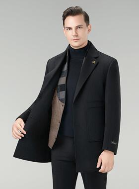 面冬季男选士新秋5881-C款纯羊毛双呢大衣中长款外套配鹅绒保暖马