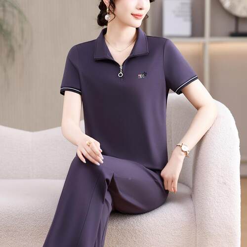 时尚翻领装短运10387314动套女夏季新款妈装两件妈套显袖瘦休闲运