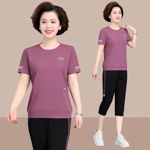 中老妈夏装短袖年妈运动服套装女新款中77517727年洋气夏岁季上衣