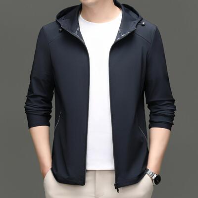 高档男士桑蚕款丝连夹克休新商务闲中年爸爸防晒服薄帽8606-C款外