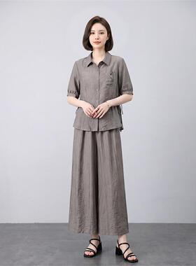 设计感天洋丝套装女夏尚气减ZMAN8506龄短袖衬直时筒阔腿裤两件衫