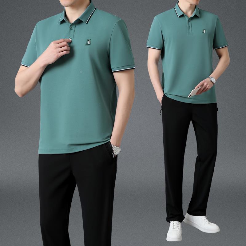 男士休运动套装8980175季新款中年高商档务服闲棉质翻领短袖长裤