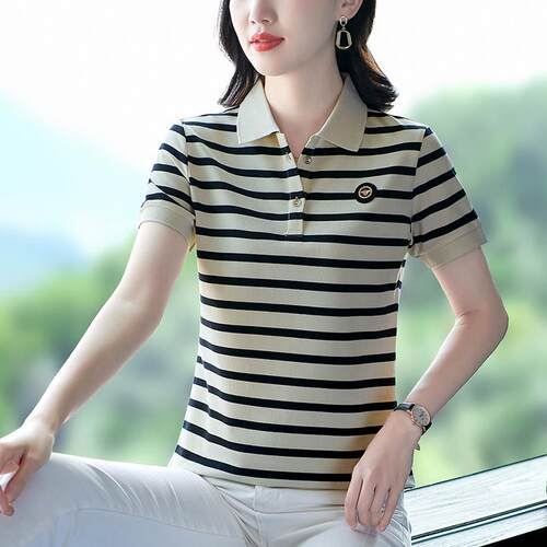 高端短袖恤女夏季新89870791衣款妈妈条纹衫气显质宽瘦松上翻领