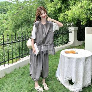 甲韩系时尚阔裤松弛运动休闲风套装女夏季新C521-872款马恤腿三件
