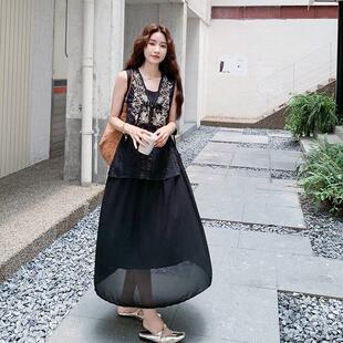 绣黑色国风刺盘扣马甲连衣套装女级感气质C277-96裙吊带夏裙两件