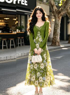 绿色花朵刺绣吊带连针衣裙织开衫两件套夏日美度ZR2D111-女假风绝