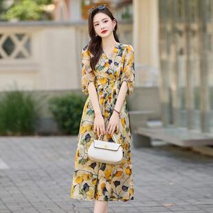 仿桑蚕丝印花连裙女夏款年新衣气ZZHEN500质漂亮掐腰显领瘦法式裙