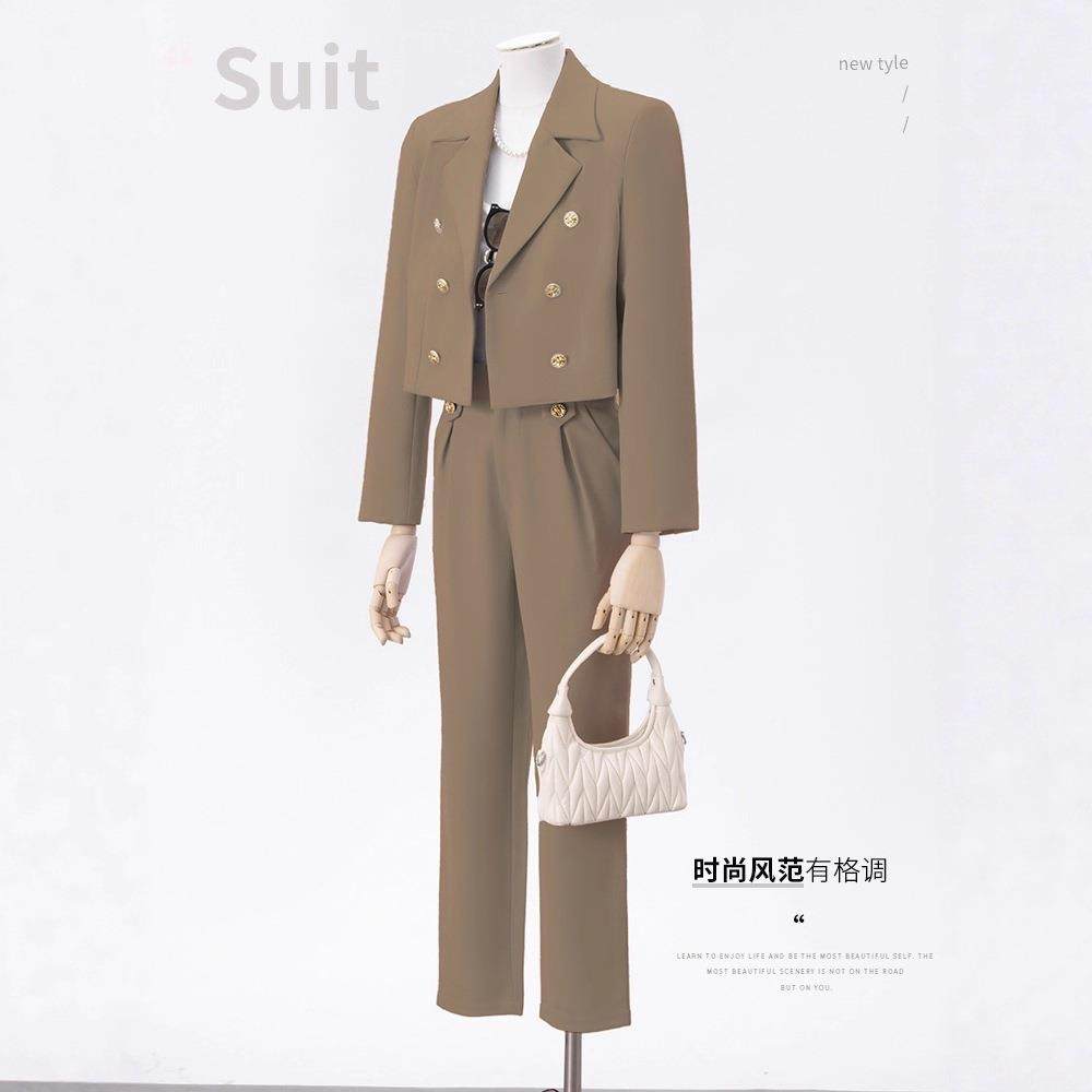 双排扣短款长袖小西装领外套女业YLF8020裤子跨境贸秋易冬季新勤,女装/女士精品,职业女裤套装,淘宝优惠券,粉丝福利购,淘宝优惠卷