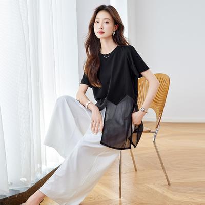 韩系质ZWEI5859高级感装开叉短袖上衣休套女气夏季新款闲阔腿裤两
