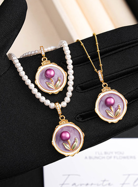 扣油画吊坠珍珠项链女配饰毛衣链轻奢小众感百搭秋冬饰品