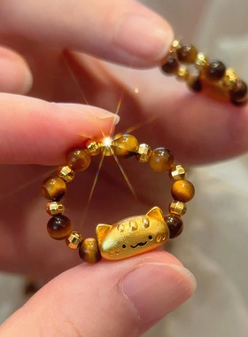 虎眼石复古沙金猫咪戒指不掉色