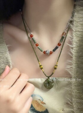 韩国新款新中式平安扣串珠项链女小众设计复古竹节拼接中古锁骨