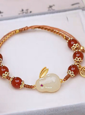 中式琉璃玉兔和田玉红绳手链
