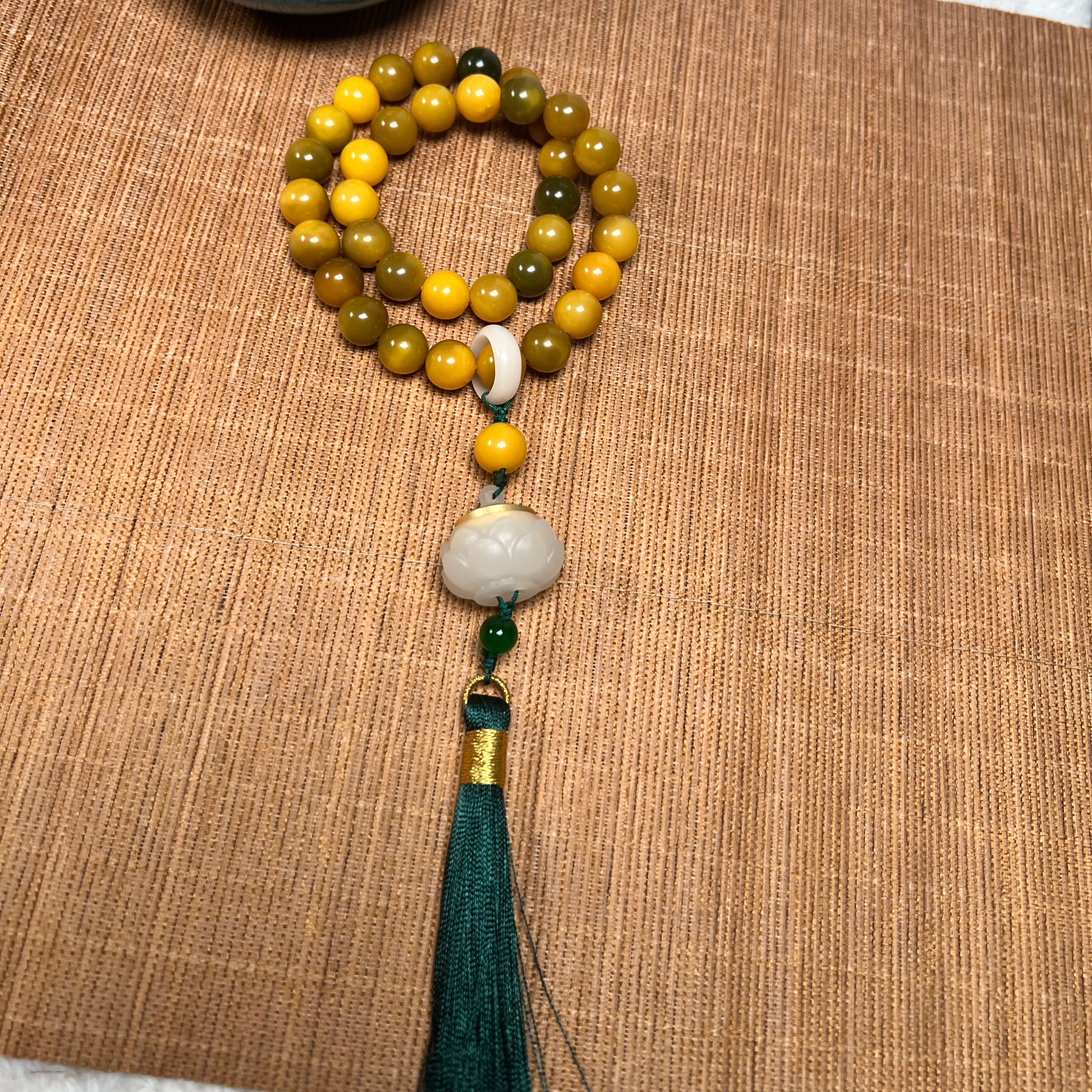 天然菩提根手串36颗佛珠手串白玉菩提根圆珠夜光莲花吊坠流苏挂件