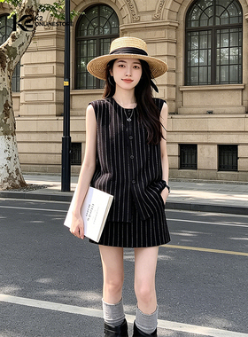K2 ONLINESTORE时尚老钱条纹无袖背心上衣女黑色休闲显瘦短裙套装