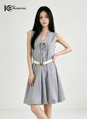 K2 ONLINESTORE 时尚条纹系绳v领背心连衣裙女气质通勤显瘦短裙子
