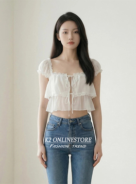 K2 ONLINESTORE 纯欲风蕾丝花边系带短袖衬衫女白色透感显瘦上衣