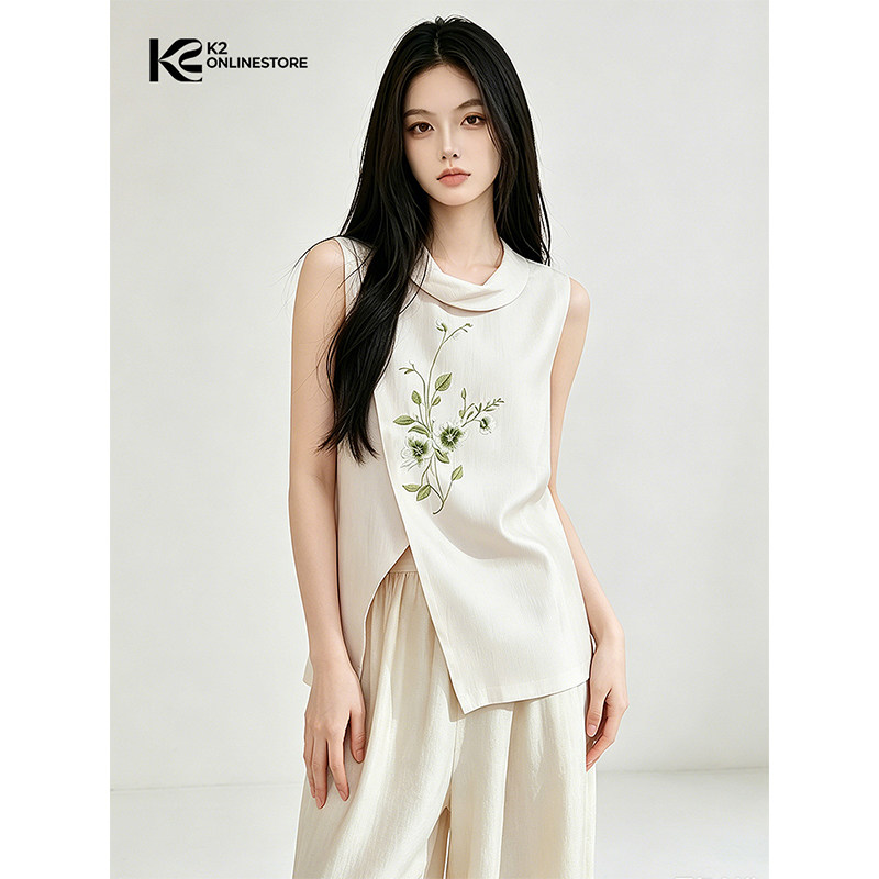 K2 ONLINESTORE 新中式洋桔梗印花无袖背心女白色高级感百搭上衣