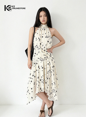 K2 ONLINESTORE 法式斑点印花无袖挂脖上衣女不规则收腰半裙套装