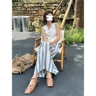 K2 ONLINESTORE 老钱风白色V领马甲背心女夏季条纹百搭半身裙套装