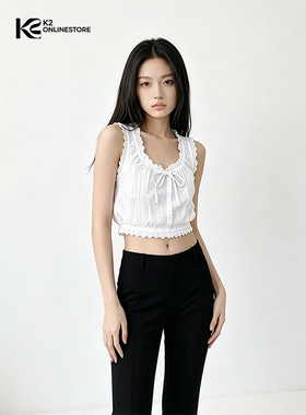 K2 ONLINESTORE 辣妹木耳边系绳u领无袖背心女装白色收腰百搭上衣