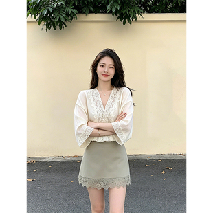 K2 ONLINESTORE 纯欲蕾丝花边宽松短袖衬衫女性感收腰a字半裙套装
