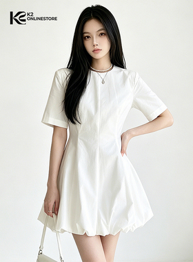 K2 ONLINESTORE 韩系简约圆领短袖衬衫连衣裙女白色休闲花苞短裙