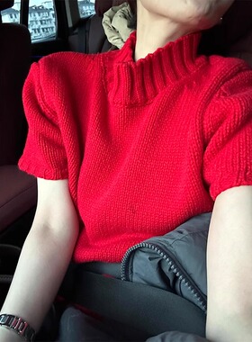 K2 ONLINESTORE 红色半高领短袖套头针织衫女洋气减龄超好看上衣