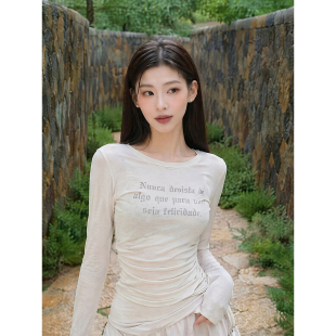 K2 ONLINESTORE 时尚英文字母印花圆领长袖T恤女白色日常百搭上衣