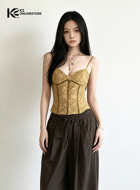 K2 ONLINESTORE性感辣妹视觉分割吊带背心女夏季复古修身黄色上衣