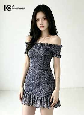 K2 ONLINESTORE 韩系碎花露肩一字领连衣裙女夏季减龄修身a字短裙